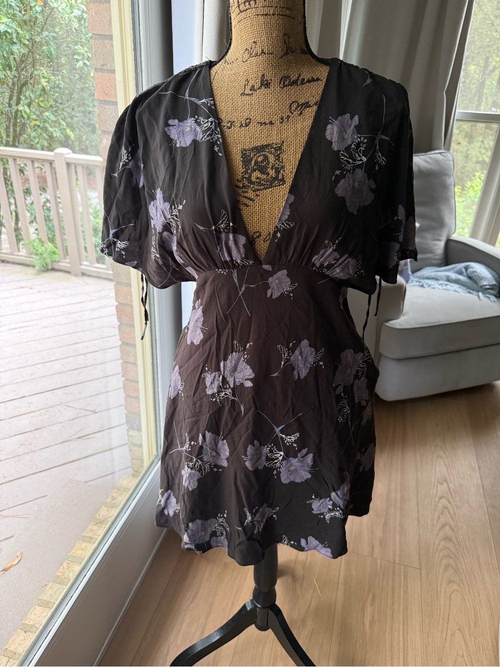 Free People Black Satin Floral V-Neck Chemise with Lavender Blooms